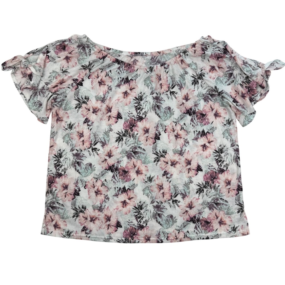 Floral Cold‎ Shoulder Sleeve Blouse Pink White Scoop Neck L/XL see measurement